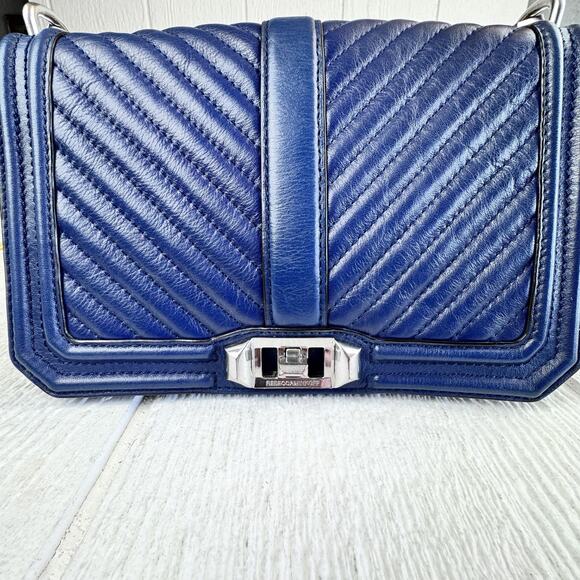 Rebecca Minkoff Chevron Quilted Love Crossbody Bag Blue Leather Chain Shoulder - Picture 2 of 12